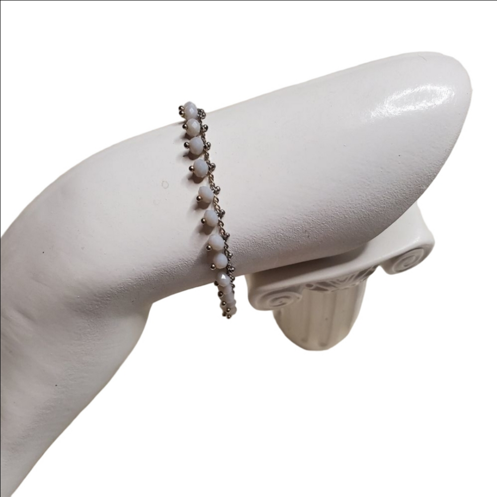 Vintage Silver White Beaded Bracelet 8 Inch